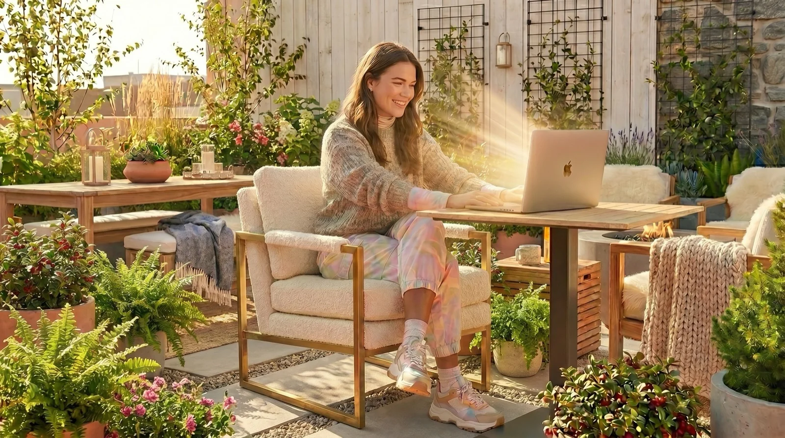 Smiling woman typing on a MacBook at a wooden table on a sunlit patio full of plants, with sun rays falling on the screen