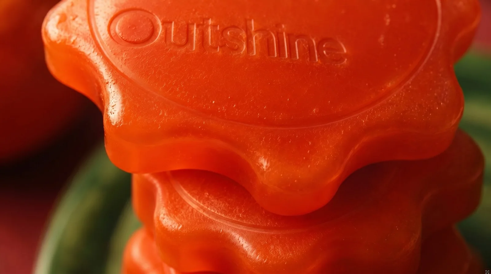 Close-up of a glossy orange Outshine logo badge